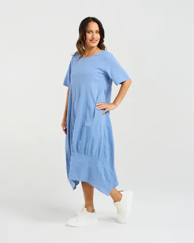 Model wearing Blue Selena Dress By Seduce Available at Beetees Nelson